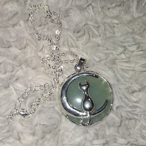 Silver Cat Pendant Necklace with Green Stone